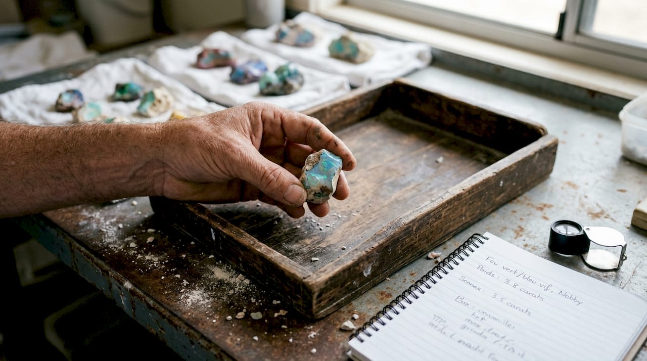 Une main tenant une opale australienne à l’état brut