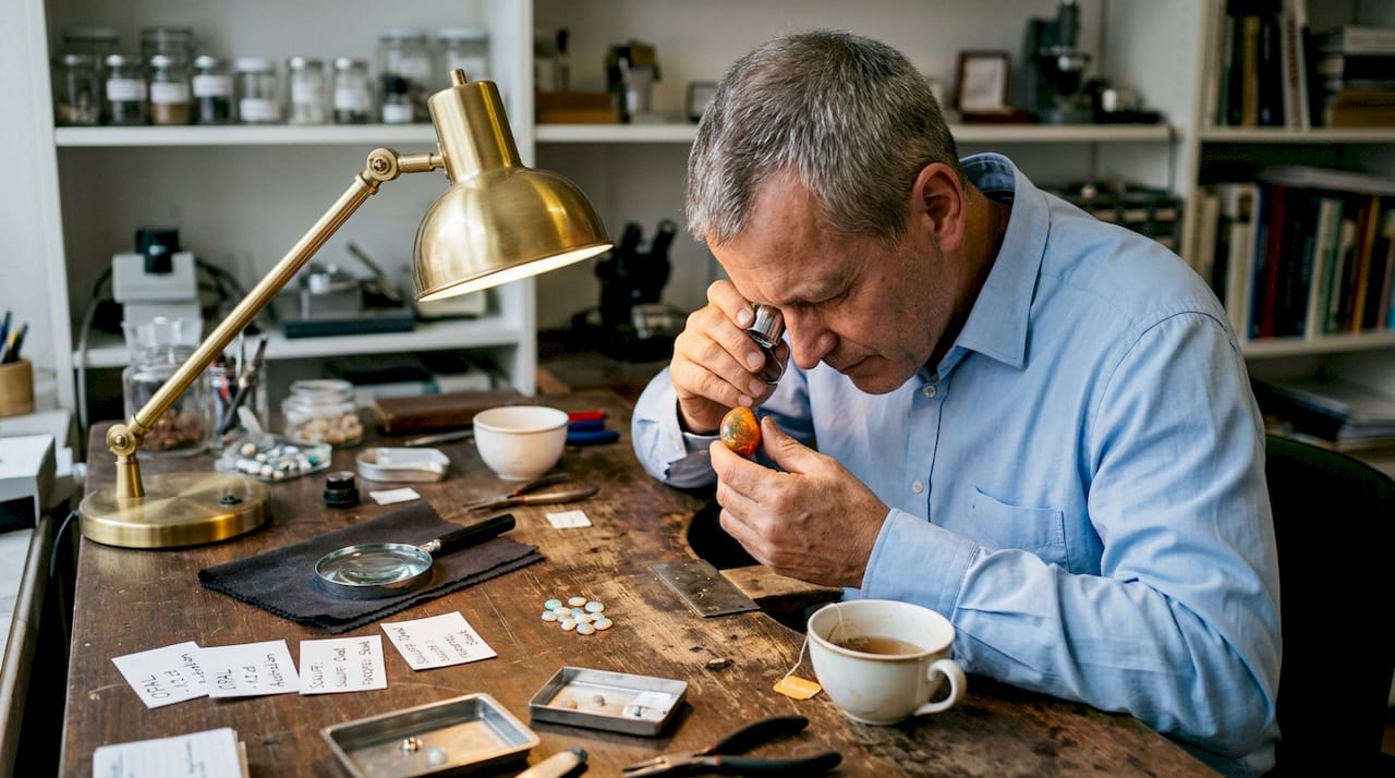 Ein Gemmologe begutachtet einen Opal sorgfältig an seiner Werkbank im Atelier.