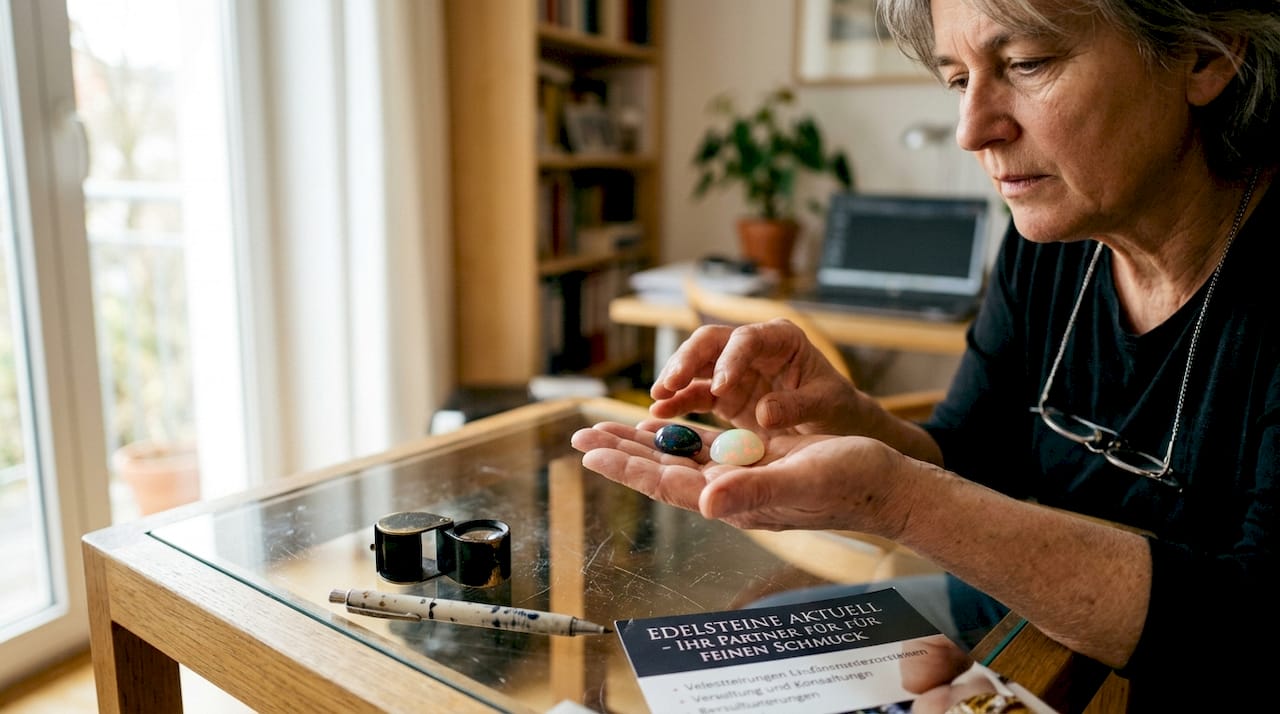 Ein Juwelier hält schwarze und weiße Opale in der Hand und vergleicht ihre Besonderheiten.