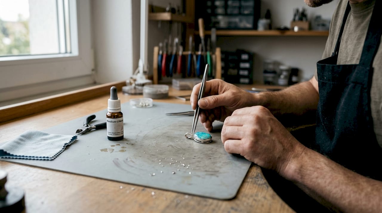 Mit ruhiger Hand wird ein Opal behutsam in eine Fassung aus Weißgold eingesetzt.