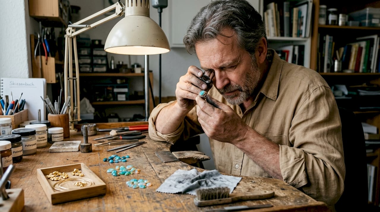 In seiner Werkstatt begutachtet der Juwelier einen Opalring ganz genau.