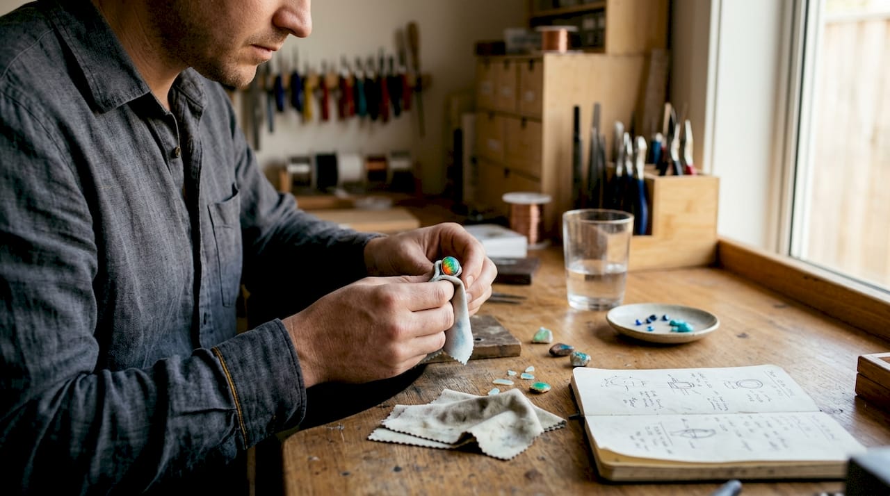Polishing opal ring at artisan jeweler’s desk