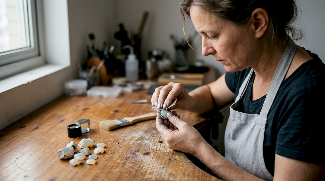 女匠人用心打磨每一枚蛋白石吊坠，细致呈现手工之美。