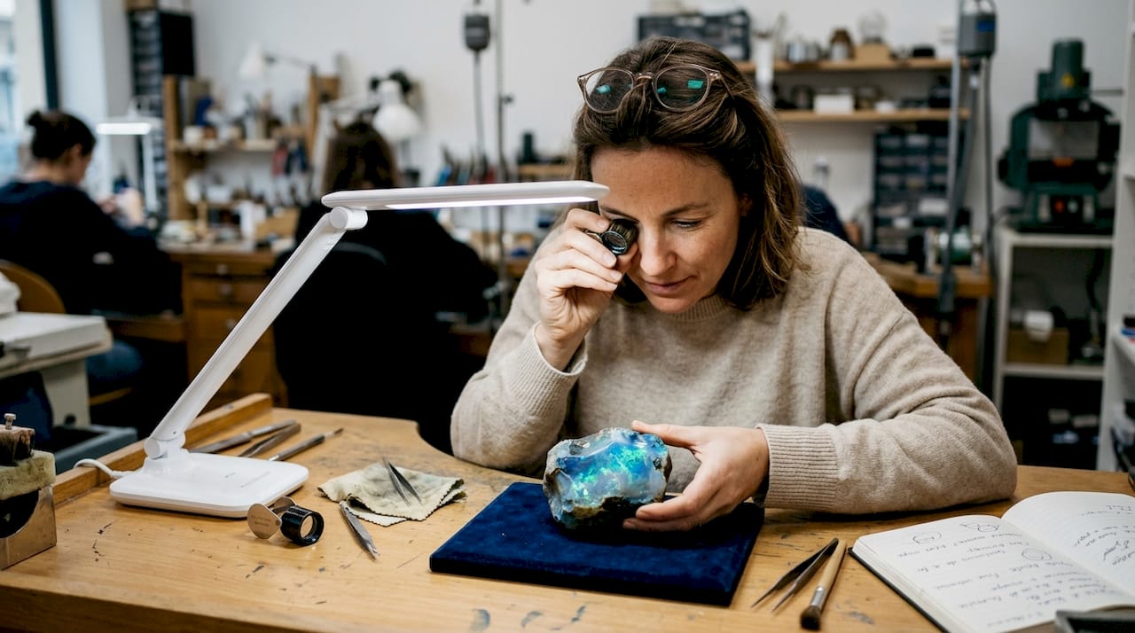 Un expert en gemmologie examine attentivement une opale véritable pour en apprécier toute la beauté et vérifier son authenticité.