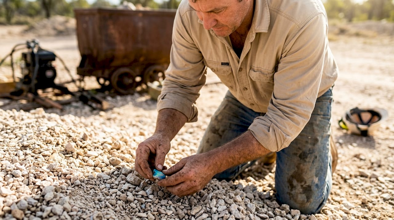 矿工们精心挑选来自澳大利亚的蛋白石原矿，力求发现其中最具价值和独特魅力的宝石。