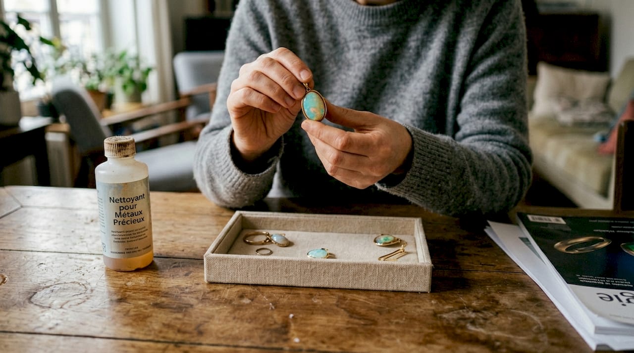 Une femme examine attentivement un pendentif en opale aux couleurs éclatantes.