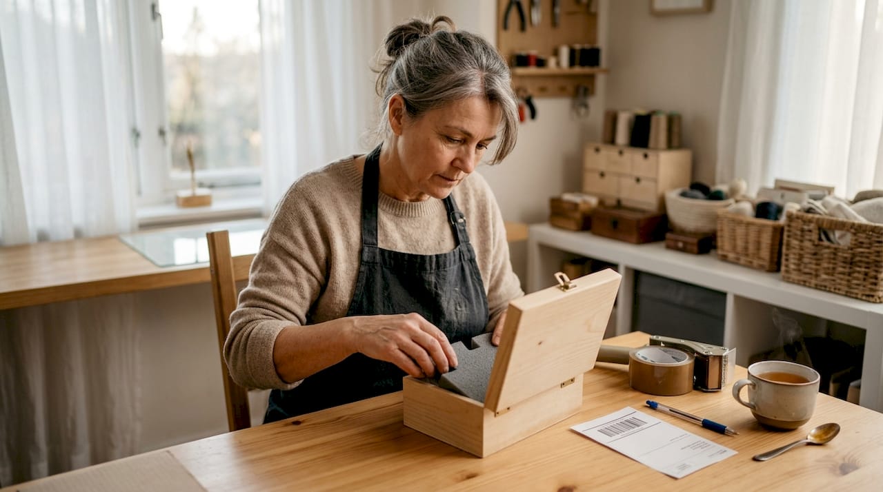 Une femme soigne l’emballage d’un bijou afin de garantir son envoi en toute sécurité.