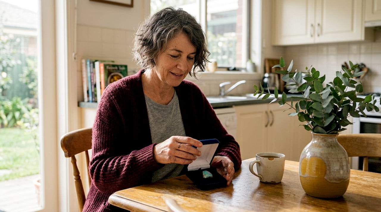 Woman opening rare opal gift box in kitchen