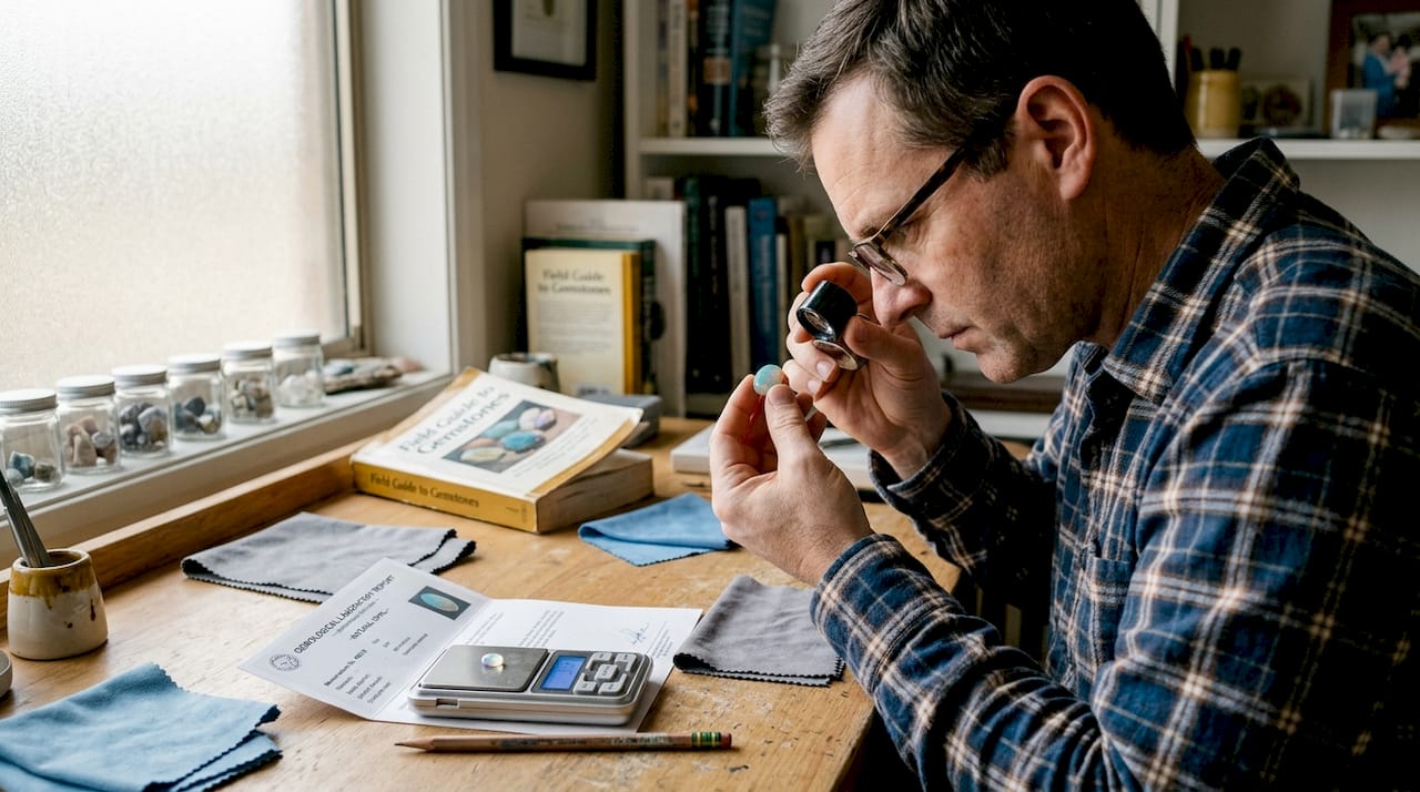 Gemologist inspecting opal with certificate on desk