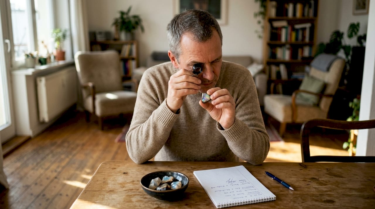 Ein Mann begutachtet einen Opal mit einer Lupe am Tisch.