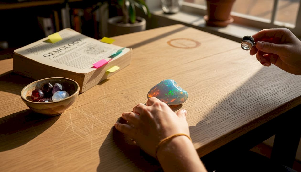 Opal shimmering on wooden table in daylight
