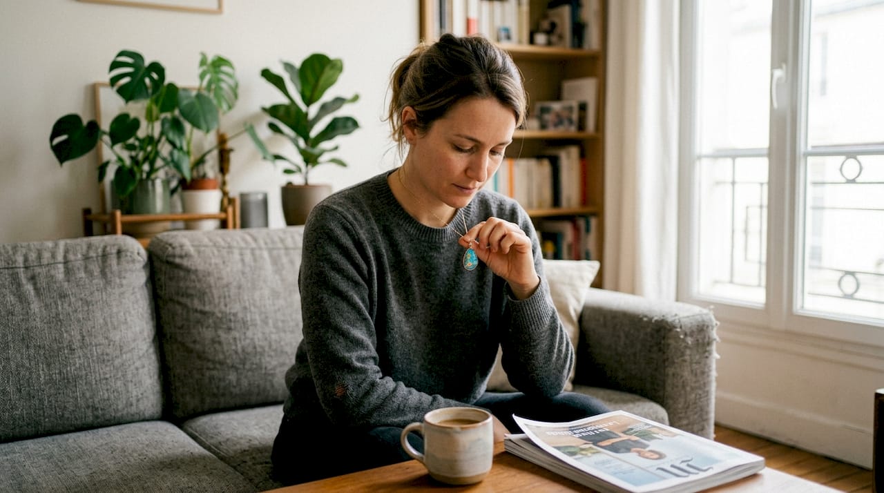 Une femme contemple un pendentif orné d’une opale d’Australie.