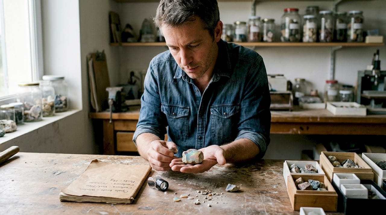 Dans son atelier, un homme examine attentivement une opale brute qu’il tient dans la main.