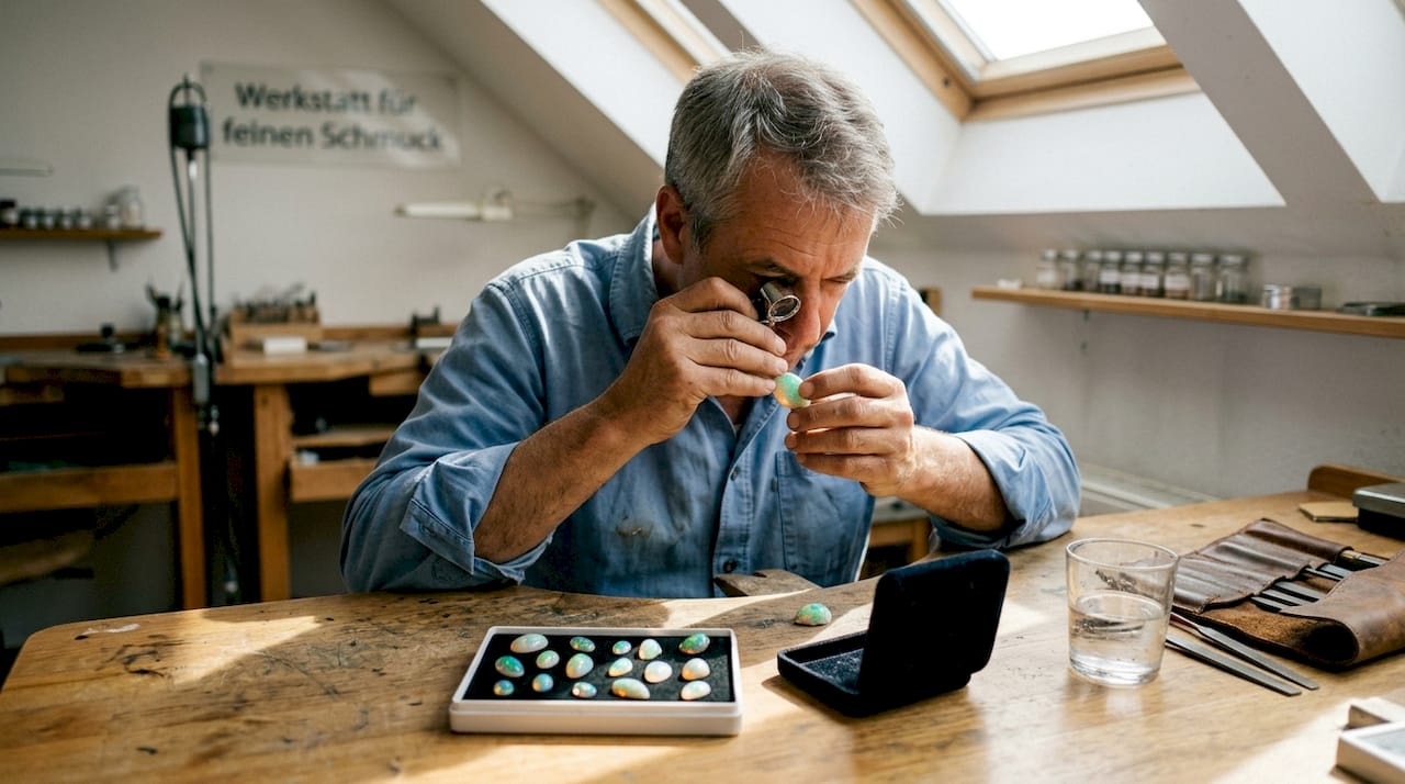 Ein Juwelier begutachtet unterschiedliche Opale – sowohl Rohsteine als auch bereits geschliffene Edelsteine.