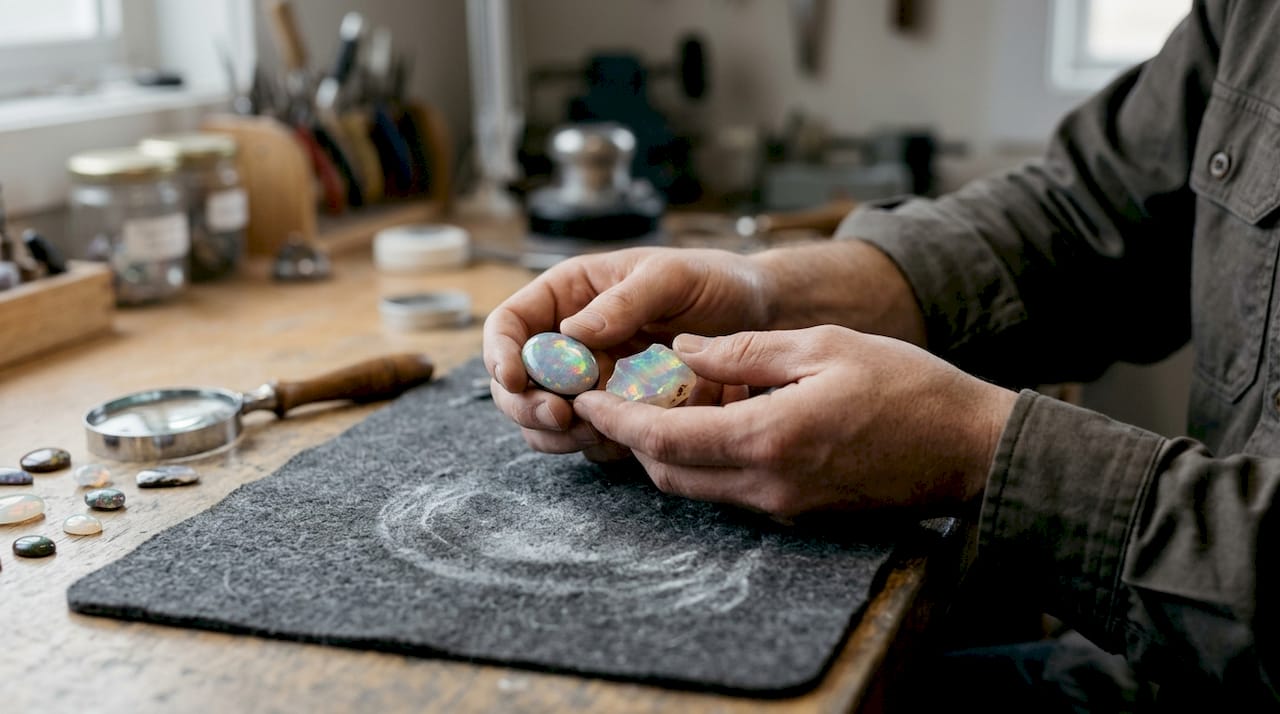 Hände präsentieren einen Opal-Cabochon und einen frei geschliffenen Edelstein.