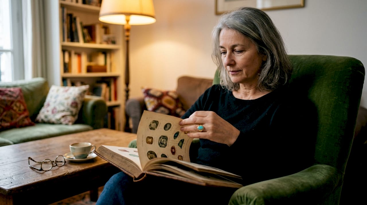 Une femme contemple avec émerveillement une bague ancienne ornée d'une opale, tout en feuilletant un livre.