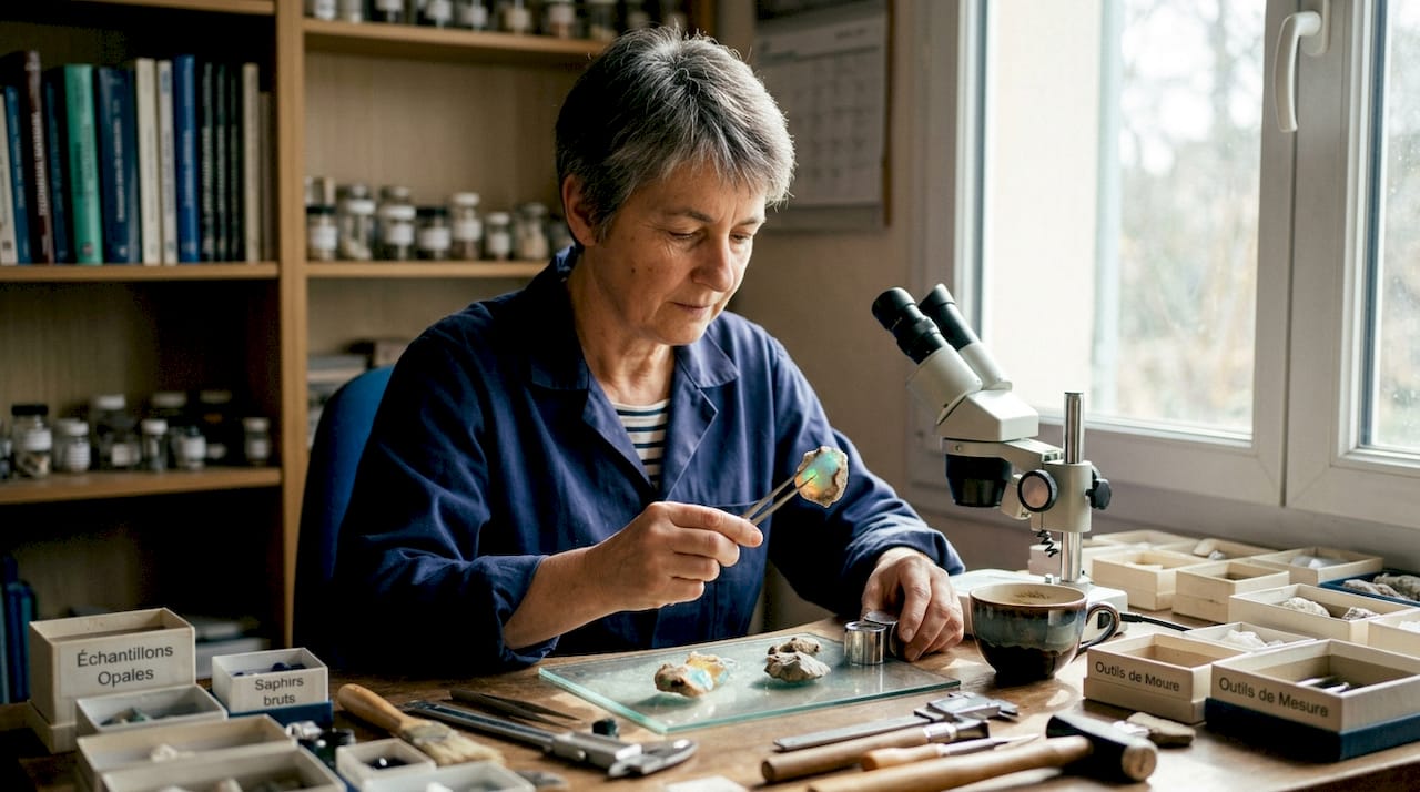 Un gemmologue en pleine expertise d’une opale brute présentant des jeux de motifs fascinants.
