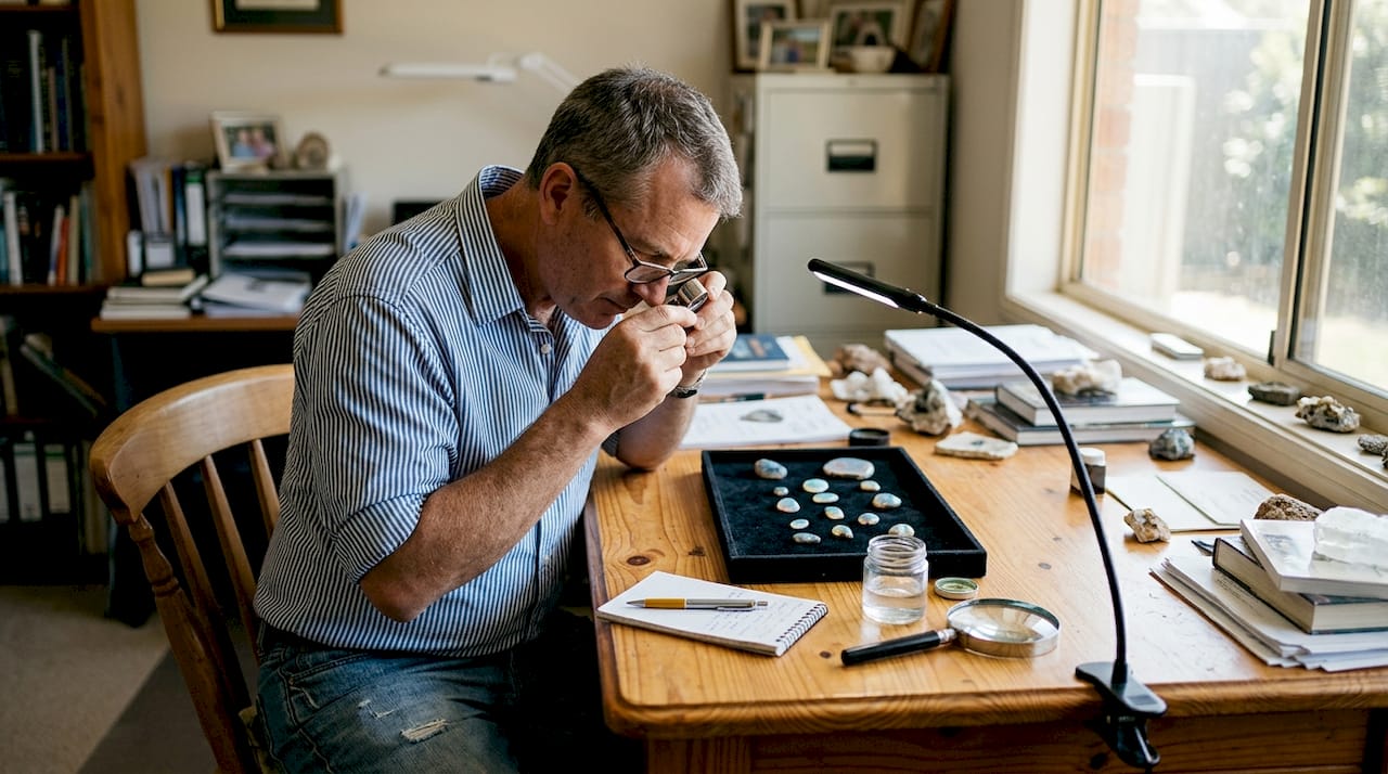 Collector examining Australian opals in workspace