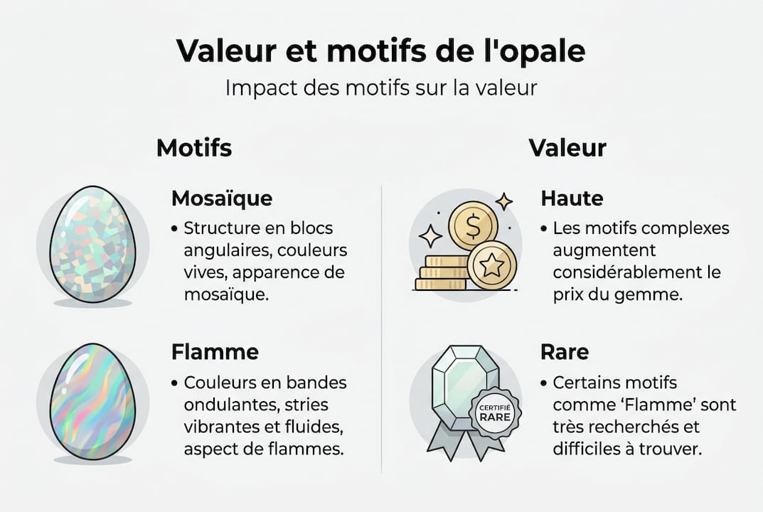 Infographie : panorama des types de motifs et échelle de valeur de l’opale