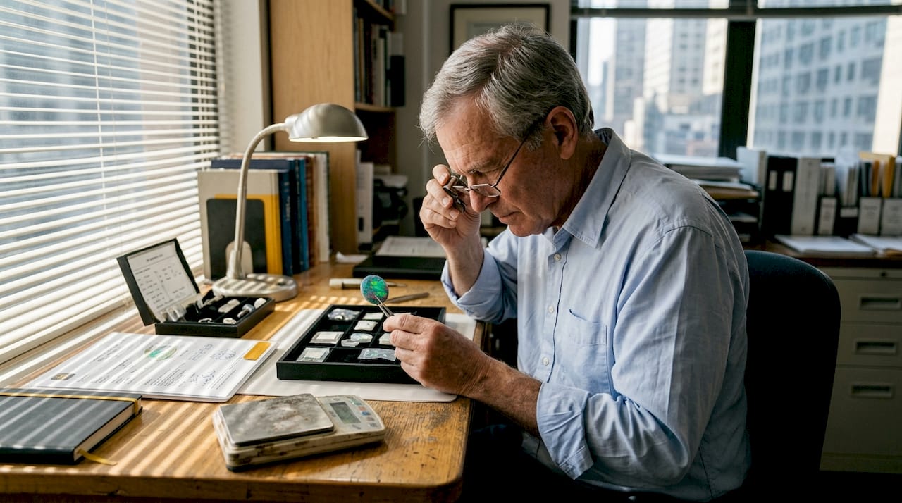 Gemologist inspecting opal gemstone for quality