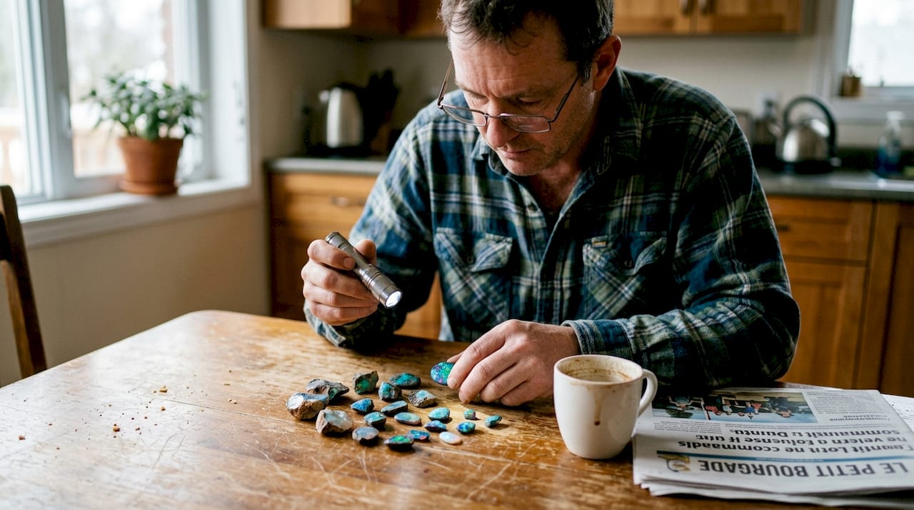 Un homme examine attentivement des opales australiennes posées devant lui sur une table.