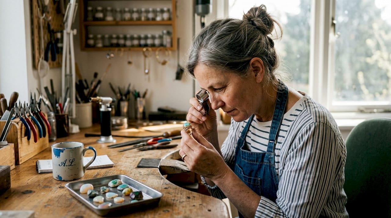 Dans son atelier, un artisan scrute attentivement une bague ornée d'une opale, veillant à la qualité de chaque détail.