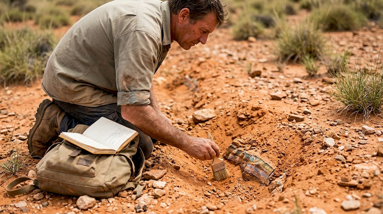 Field geologist uncovering opal seam layers