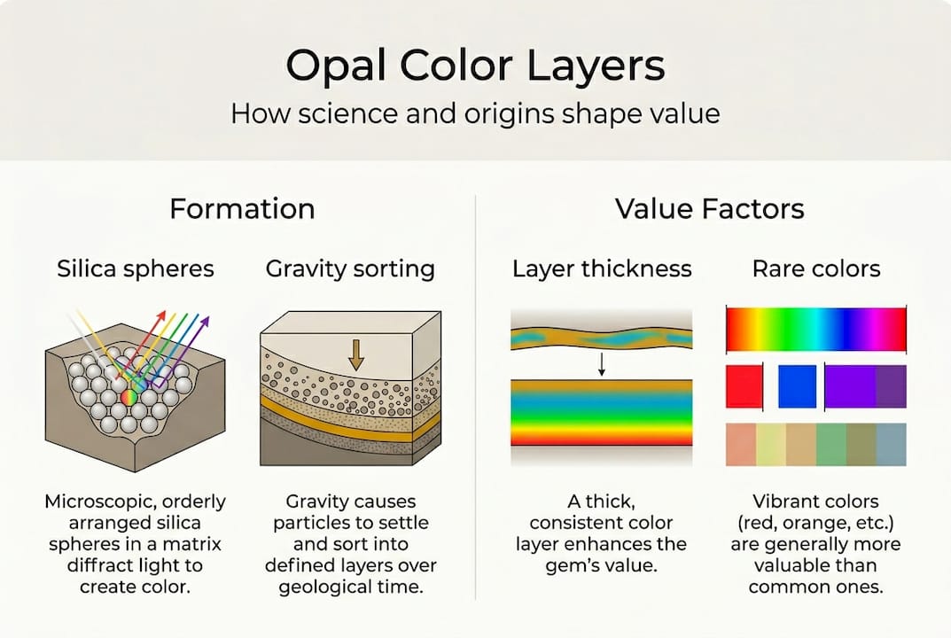 Infographic showing opal color layer formation and value