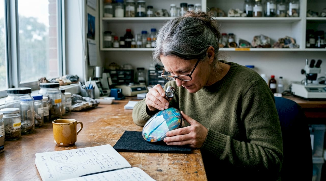 Geologist studying opal color layers in lab