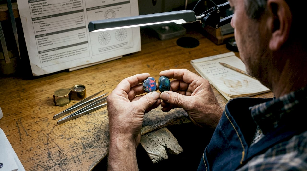 Jeweler compares two opals on workshop table
