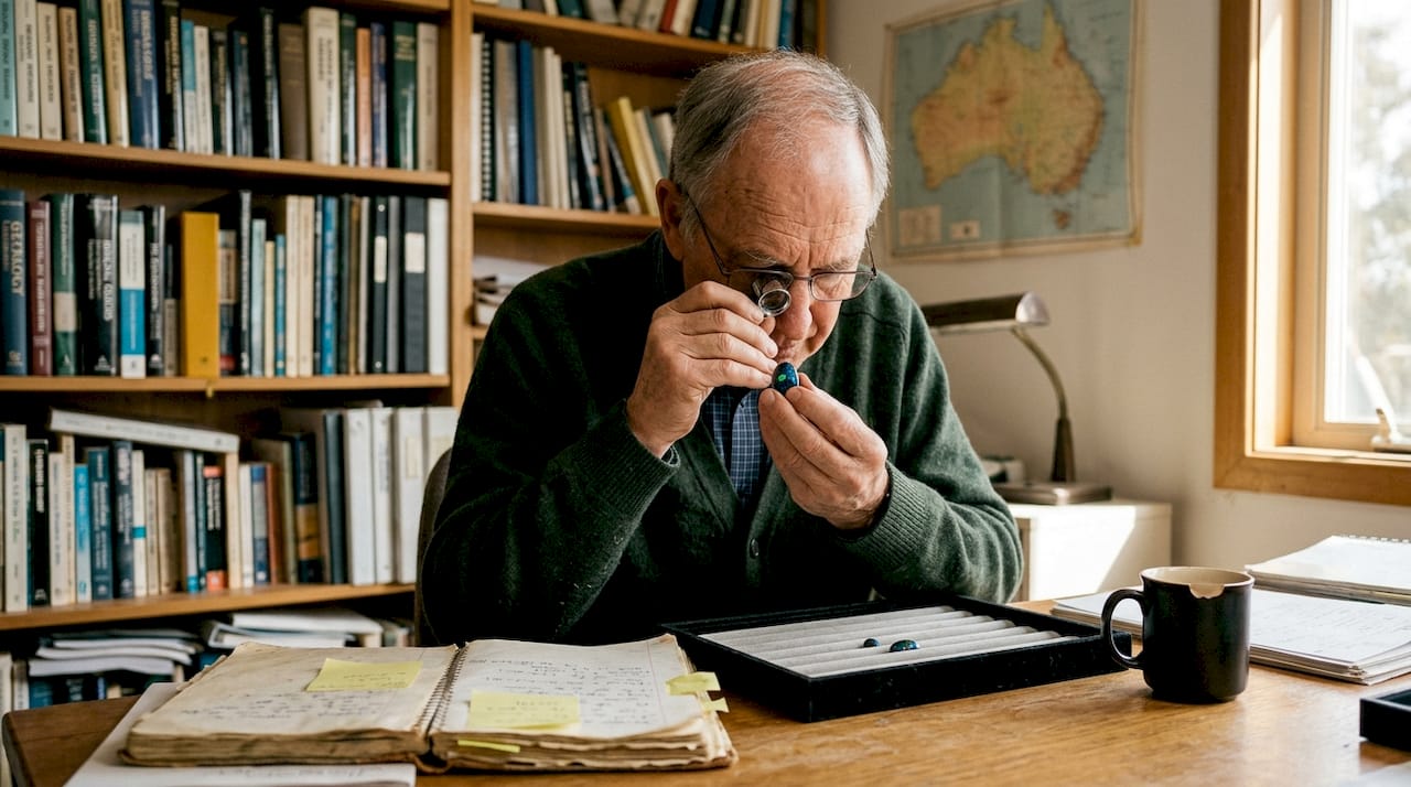 Opal collector examines gemstone at study desk