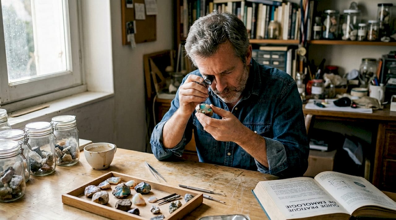 Un gemmologue observe attentivement une opale sur son établi, installé chez lui.