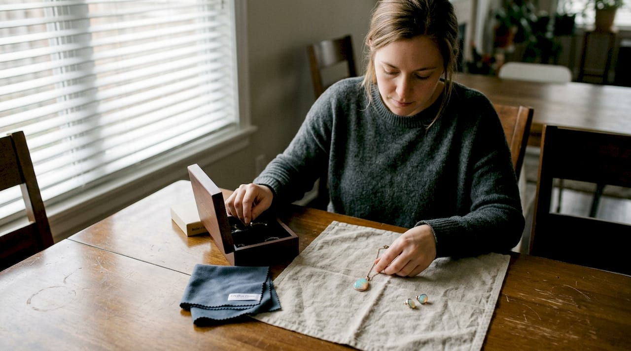 Une femme installée à sa table de salle à manger s'applique à confectionner des bijoux ornés d'opales.