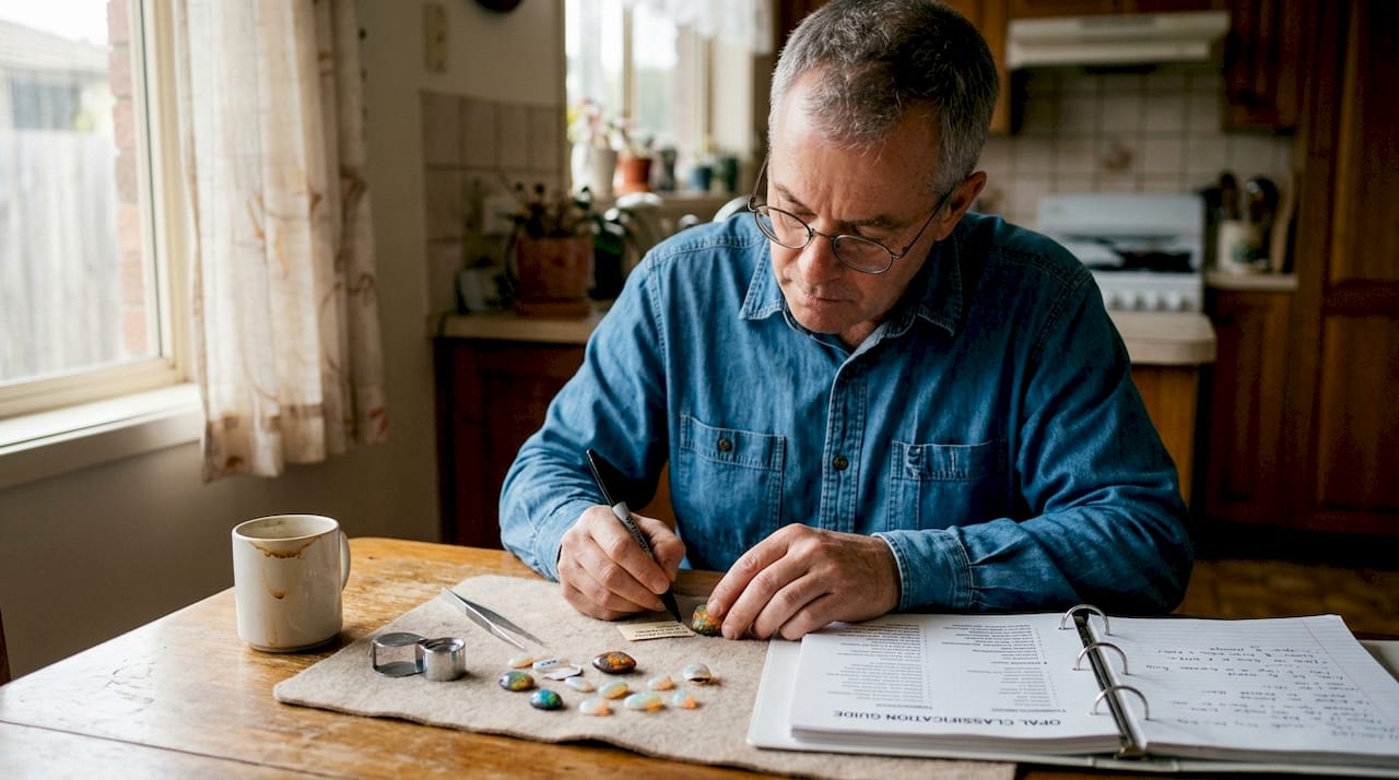 Gemologist labeling opals at kitchen table