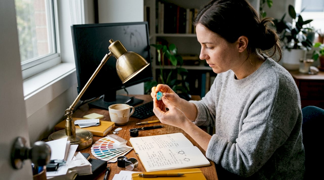 Woman rotating opal to show flashes