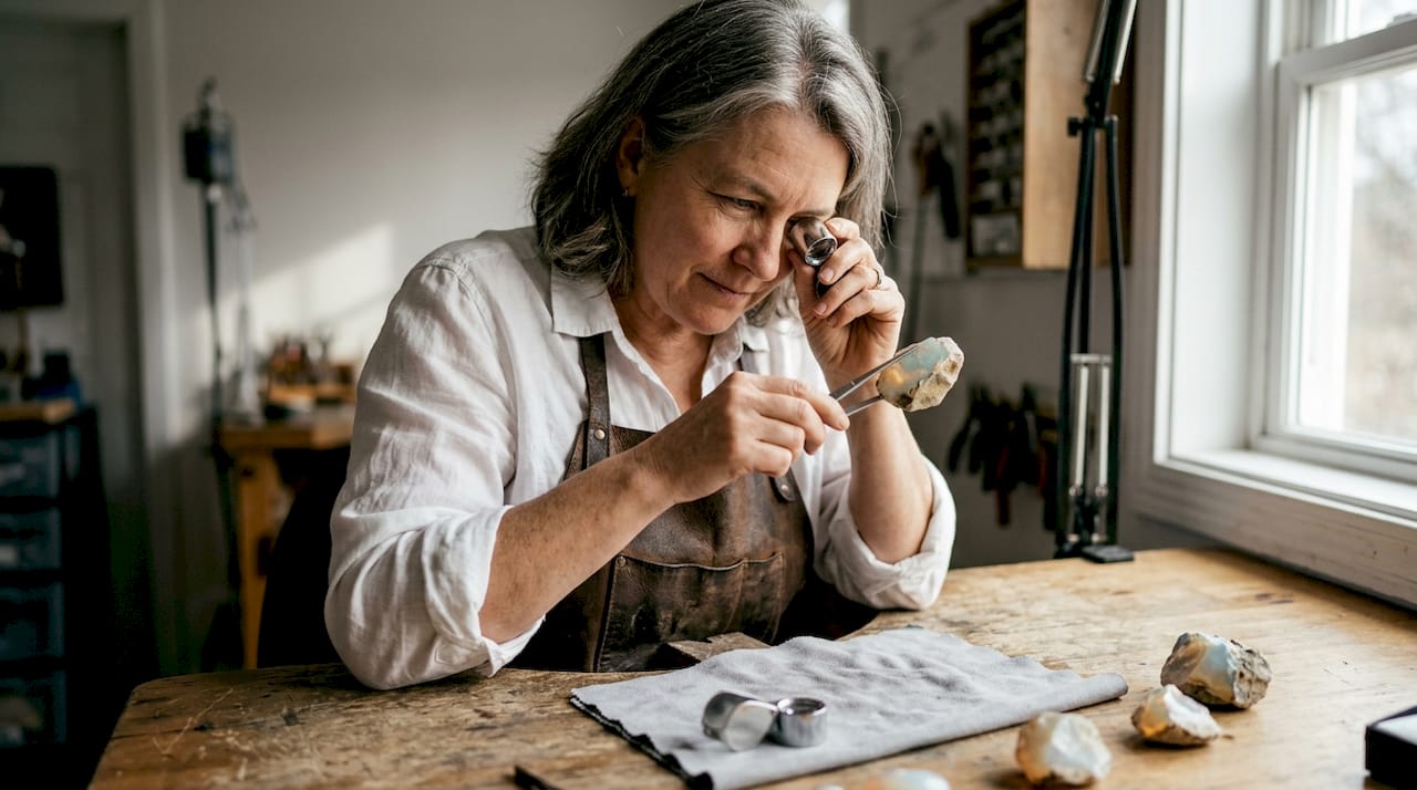 Un expert en gemmologie observe attentivement une opale de grande taille, véritable pièce d’exception.
