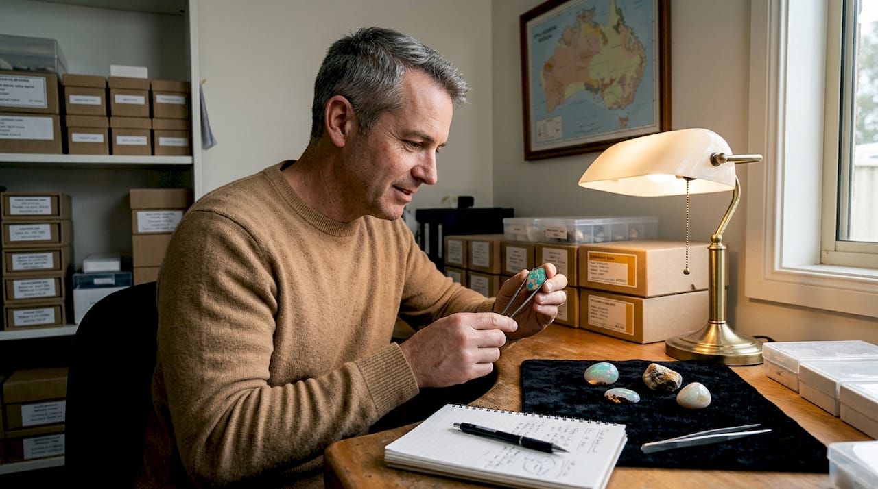Gemologist studies rare opal pattern specimens