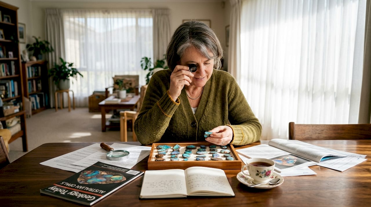 Collector examines vivid Australian opal specimens