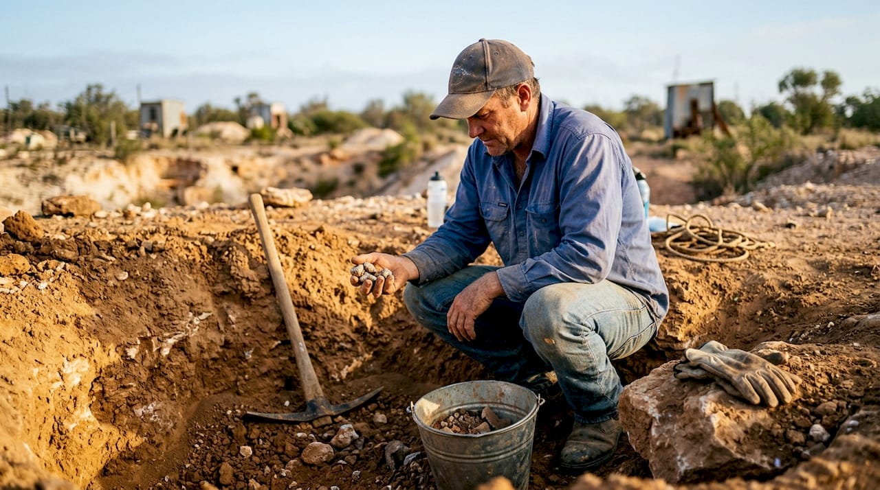Sur le terrain, un mineur australien observe attentivement des opales fraîchement extraites.
