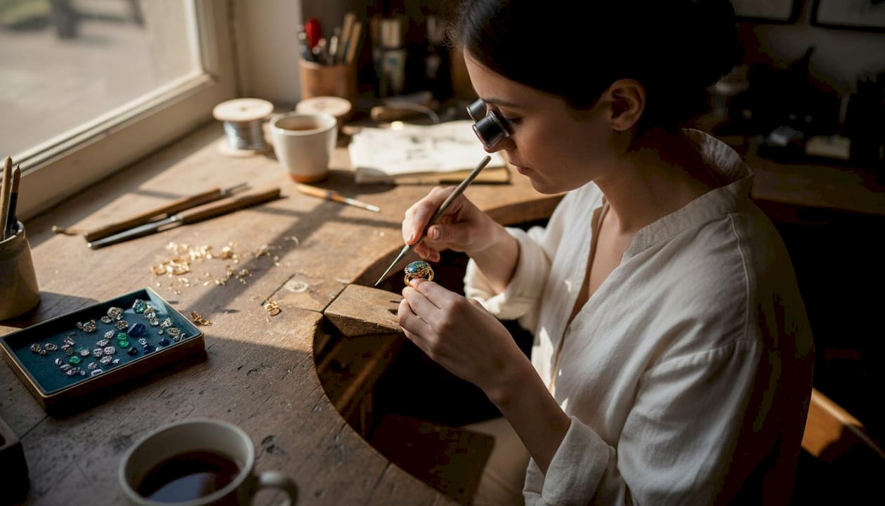 Dans son atelier, une artisane façonne avec passion une bague ornée d'une opale noire.