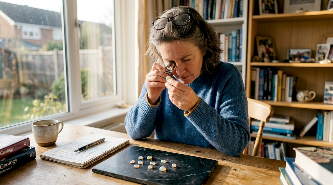 Gemologist grading opal in sunlit home study