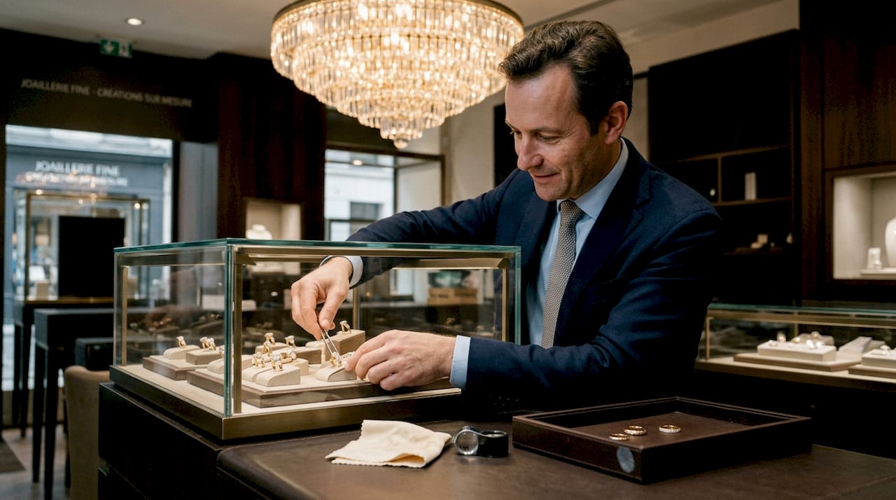 Un conseiller peaufine la présentation d’une élégante vitrine de bijoux.