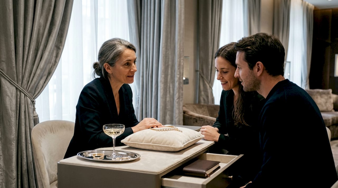 Une conseillère reçoit ses clients dans un salon privé pour leur faire découvrir des collections de bijoux en toute intimité.