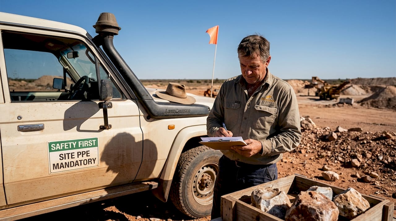 Manager reviews documents at opal mine site