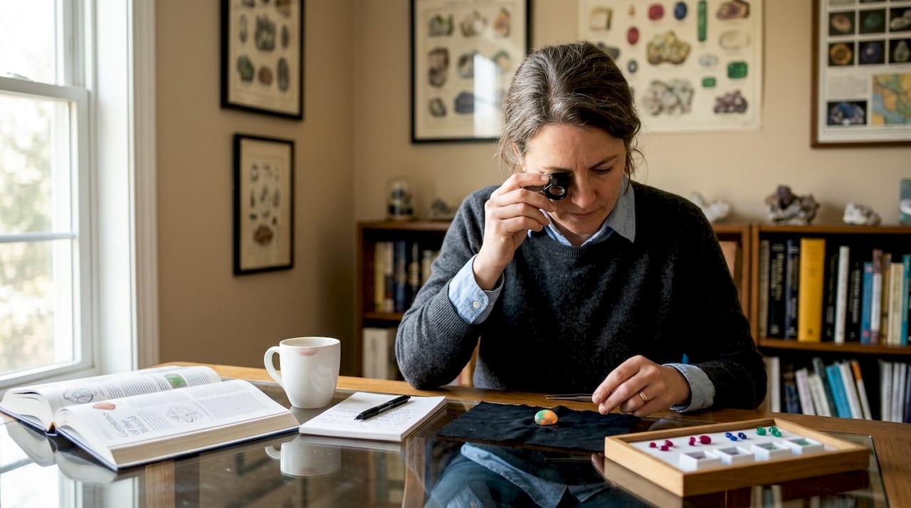Gemologist examining opal at study table