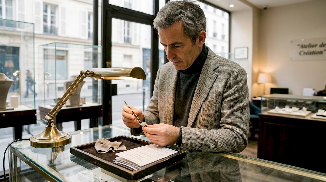 Une cliente examine attentivement une bague ornée d’une opale dans une bijouterie.