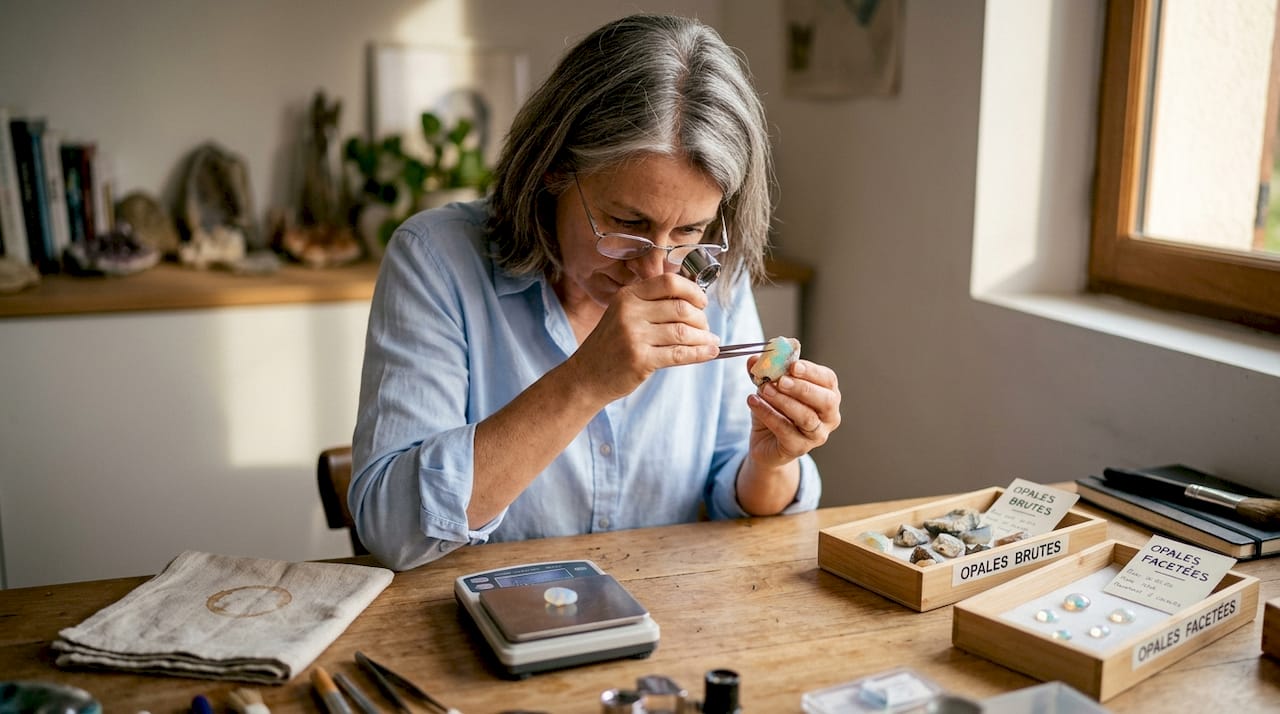 Un gemmologue observe attentivement un spécimen d’opale sur sa paillasse de laboratoire.