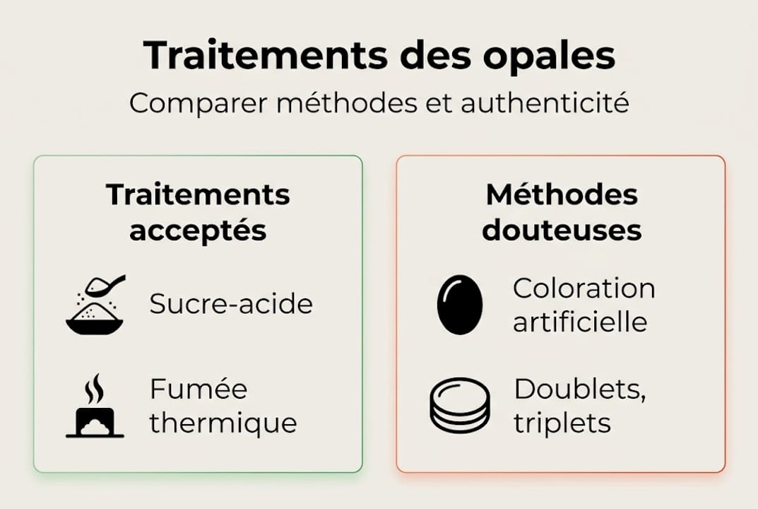 Découvrez en un coup d’œil les différents traitements appliqués aux opales grâce à cette infographie explicative et facile à comprendre.