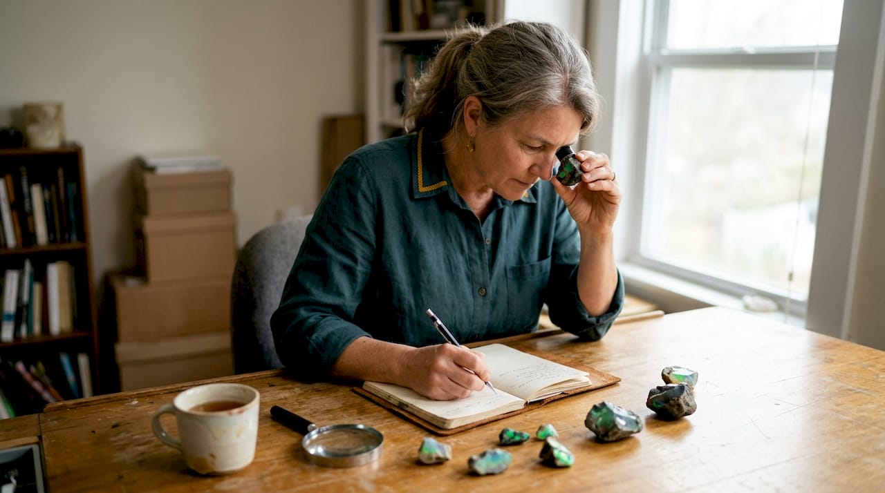 Jewelry appraiser examining raw opal potch specimen