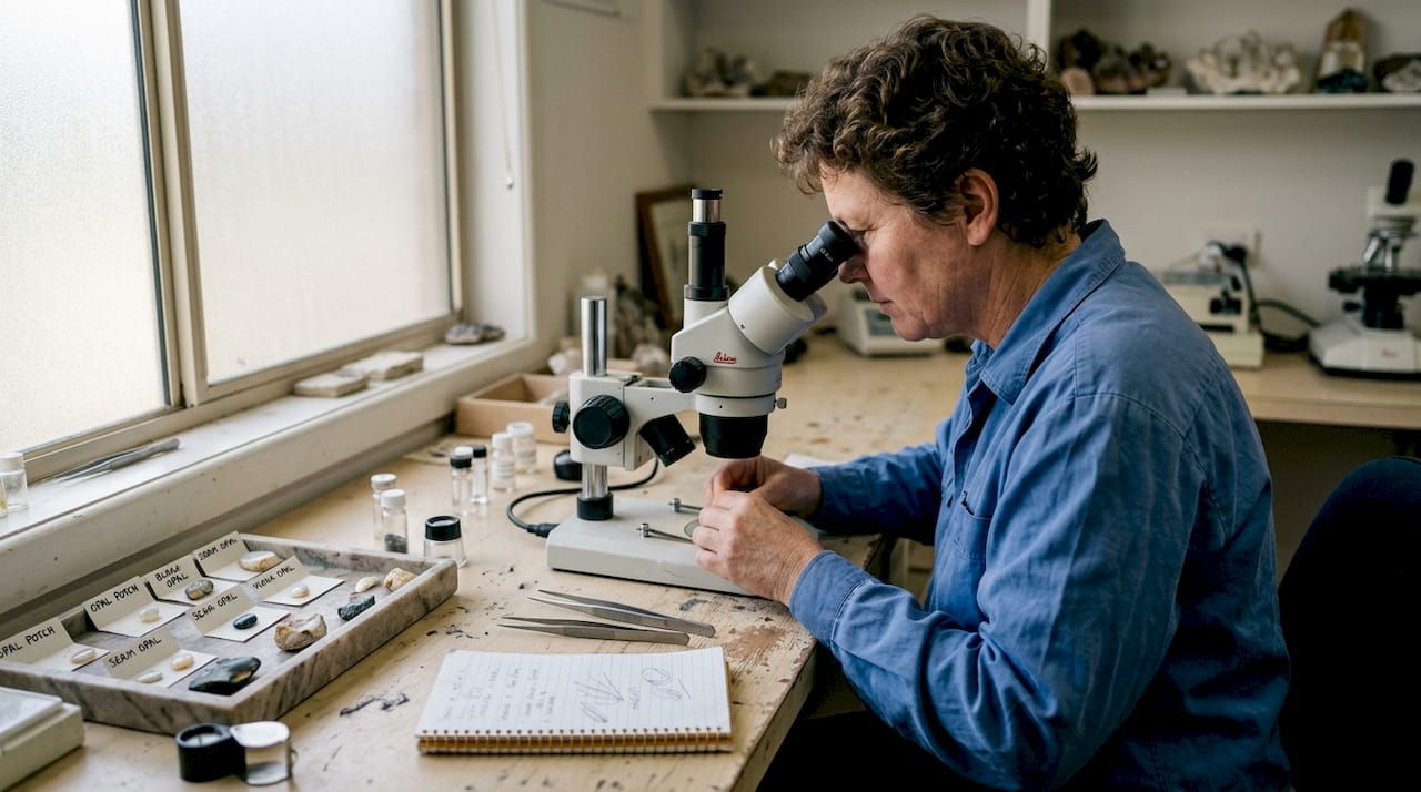 Gemologist examining opal potch under microscope